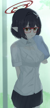 1girl absurdres arm_behind_back ayane_(blue_archive) black_hair black_skirt blue_archive blurry blurry_background bra_visible_through_clothes braid breasts collared_shirt commentary_request cowboy_shot crown_braid double-parted_bangs flower hair_between_eyes hair_flower hair_ornament halo highres holding holding_towel looking_at_viewer medium_breasts open_mouth osiruko230 pleated_skirt pointy_ears red-framed_eyewear red_halo school_uniform see-through_clothes see-through_shirt shirt skirt smile solo towel wet wet_clothes wet_shirt white_flower white_shirt yellow_eyes