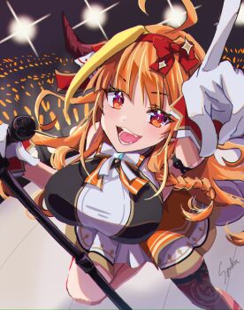 1girl ahoge asymmetrical_legwear blonde_hair blush bow bow_skirt breasts dragon_girl dragon_horns dragon_tail frilled_straps gloves glowstick hair_ornament hairband halter_shirt halterneck hololive hololive_idol_uniform_(origin) horn_bow horn_ornament horns idol idol_clothes kiryu_coco large_breasts layered_skirt long_hair looking_at_viewer mismatched_legwear multicolored_hair official_alternate_costume open_mouth orange_hair pointy_ears red_eyes skirt sleeveless smile stage stage_lights streaked_hair syuuka617 tail thighhighs virtual_youtuber white_bow white_gloves white_skirt wrist_cuffs