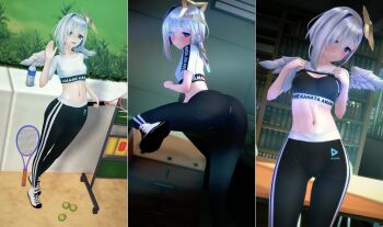 1girl 3d absurdres alternate_costume amane_kanata angel_wings artist_request ass ball blue_eyes blush bottle breasts clothes_pull halo highres hololive looking_back medium_breasts navel pants racket shirt_pull shoes short_hair sneakers sportswear tennis_ball tennis_racket virtual_youtuber white_hair wings