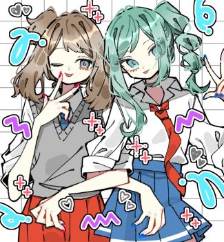 Rule 34 | 2girls, :p, alternate costume, aqua eyes, aqua hair, blue nails, blue necktie, blue skirt, braid, brown hair, collared shirt, grey eyes, grey vest, grid background, ino climate, lisia (pokemon), looking at viewer, may (pokemon), multiple girls, necktie, nintendo, one eye closed, pokemon, pokemon oras, red nails, red necktie, red skirt, shirt, side braid, simple background, skirt, standing, tongue, tongue out, upper body, vest, w, white background, white shirt