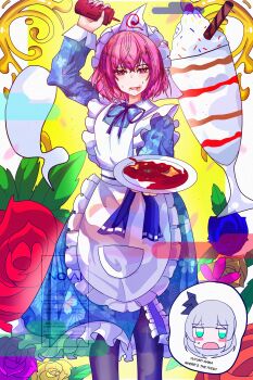 Rule 34 | absurdres, apron, black hairband, black thighhighs, blue flower, blue rose, floral print, flower, food, food on face, ghost, grey hair, hairband, highres, hirwannew, ice cream, ketchup bottle, konpaku youmu, konpaku youmu (ghost), maid, maid apron, maid headdress, omelet, omurice, perfect cherry blossom, red flower, red rose, rose, saigyouji yuyuko, short hair, thighhighs, touhou, triangular headpiece, yellow background, yellow flower, yellow rose