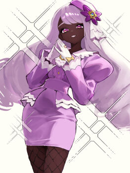 1girl absurdres commentary_request dark-skinned_female dark_skin dress fascinator fishnets frills gloves hair_ornament highres jacinthe_(pokemon) jewelry juliet_sleeves kasumi_6 long_hair long_sleeves looking_at_viewer low_drills nintendo open_mouth pokemon pokemon_legends:_z-a puffy_sleeves purple_dress purple_eyes purple_hair ring smile solo very_dark_skin white_gloves