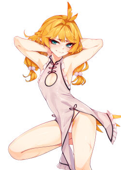 1girl antenna_hair armpits arms_behind_head arms_up bare_arms bare_legs bare_shoulders blonde_hair blonde_pubic_hair blush china_dress chinese_clothes cleavage_cutout clothing_cutout commentary cross_scar dokibird dress english_commentary fang female_pubic_hair flat_chest green_eyes hair_bobbles hair_ornament highres indie_virtual_youtuber long_hair looking_at_viewer panties pointy_ears pubic_feathers pubic_hair ricegnat scar side_slit simple_background skin_fang sleeveless sleeveless_dress smile solo underwear virtual_youtuber white_background white_dress white_panties