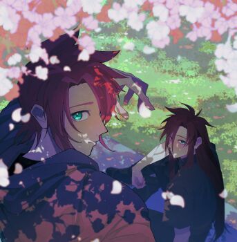 2boys absurdres alternate_costume asch_(tales) blurry blurry_foreground cherry_blossoms commentary_request dappled_sunlight falling_petals from_behind grass green_eyes hair_between_eyes highres long_hair looking_at_viewer looking_back luke_fon_fabre male_focus multiple_boys outdoors parted_lips petals picnic_blanket pink_petals red_hair short_hair sitting spiked_hair sunlight tales_of_(series) tales_of_the_abyss upper_body zhongdzuki23754