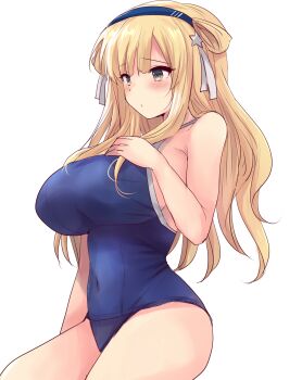 1girl absurdres alternate_costume alternate_eye_color blonde_hair blue_one-piece_swimsuit blush breasts collarbone commentary_request covered_navel double_bun fletcher_(kancolle) fletcher_kai_(kancolle) grey_background hair_bun hair_ornament hairband hand_on_own_chest highres hirune_(konekonelkk) kantai_collection large_breasts long_hair looking_at_viewer one-piece_swimsuit school_swimsuit sitting solo star_(symbol) star_hair_ornament swimsuit yellow_eyes
