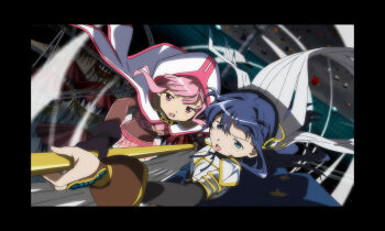 2girls anime_coloring armor artist_request attack belt belt_buckle black_border black_gloves black_shirt blue_dress blue_eyes blue_gemstone blue_hair blue_ribbon blunt_bangs bodystocking border breastplate bridal_gauntlets brown_bridal_gauntlets buckle circus cloak cowboy_shot crescent crescent_necklace crop_top determined dot_nose dress floating_clothes floating_hair game_cg gem gloves hair_ornament holding holding_polearm holding_weapon hood hood_up hooded_cloak jewelry light_blush long_dress long_hair long_sleeves lower_teeth_only magia_record:_mahou_shoujo_madoka_magica_gaiden magical_girl mahou_shoujo_madoka_magica miniskirt multiple_girls nanami_yachiyo neck_ribbon necklace official_art open_mouth outdoors pauldrons pink_belt pink_eyes pink_hair pink_skirt pleated_skirt polearm ribbon sharing shirt shoulder_armor skirt sleeveless sleeveless_dress star_(symbol) star_print storm studded_belt tamaki_iroha teeth turtleneck turtleneck_shirt uwasa_(madoka_magica) veil weapon white_cloak white_veil wind