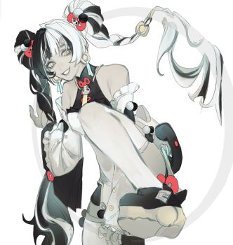 1girl bare_shoulders braid braided_twintails chakram china_dress chinese_clothes commentary detached_sleeves dialyn_(zenless_zone_zero) double_bun dress earrings english_commentary grin hair_bun hair_extensions hair_ornament hairclip highres jewelry leg_up long_hair looking_at_viewer lynune multicolored_hair necktie panda_hair_ornament ring_hair_extensions simple_background smile solo split-color_hair thighhighs unfinished weapon white_background white_dress white_thighhighs yellow_eyes yellow_necktie zenless_zone_zero