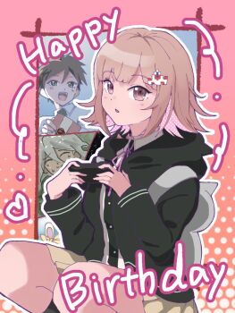 Rule 34 | 1girl, 2boys, :d, :o, black shirt, blush, brown hair, brown skirt, controller, danganronpa (series), danganronpa 2: goodbye despair, dress shirt, game controller, grey hair, happy birthday, hashtag-only commentary, hinata hajime, holding, holding controller, holding game controller, hood, hood down, hooded jacket, jacket, komaeda nagito, long sleeves, medium hair, multiple boys, nanami chiaki, open clothes, open jacket, open mouth, pink background, pink bag, pink eyes, pleated skirt, shirt, skirt, smile, white shirt