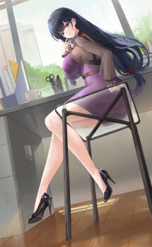 Rule 34 | 1girl, absurdres, bare legs, belt, black hair, blue eyes, book, bookmark, breasts, building, chair, closed mouth, commentary request, cup, day, desk, dress, dutch angle, folder, full body, glass chair, hair intakes, hand up, head tilt, high heels, highres, indoors, knees together feet apart, kuza brs, large breasts, legs, long hair, long sleeves, on chair, original, purple dress, scissors, see-through clothes, see-through sleeves, sideboob, sidelocks, sitting, sky, sleeves past wrists, smile, table, thighs, very long hair, window