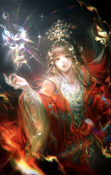 Rule 34 | 1girl, absurdres, black background, black hair, bracelet, brown eyes, character request, chinese clothes, chinese commentary, commentary request, cowboy shot, dress, expressionless, eyelashes, floating hair, gold bracelet, gold necklace, hand up, highres, jewelry, jingjing de zuo yike shuai xingzi, layered sleeves, light particles, lipstick, long hair, long sleeves, looking at object, makeup, multiple bracelets, nail polish, necklace, nikki (series), object floating above hand, parted lips, realistic, red lips, red nails, red ribbon, red robe, ribbon, robe, shining nikki, solo, sparkle, standing, teeth, very long hair, waist ribbon, wide sleeves, yellow dress