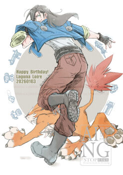 1boy 80850love_fu baggy_pants black_boots black_gloves black_hair blue_jacket body_armor boots brown_pants character_name commentary_request creature dated dog_tags earrings facing_away final_fantasy final_fantasy_viii fingerless_gloves full_body gloves green_eyes gun happy_birthday highres jacket jacket_partially_removed jewelry laguna_loire long_hair looking_at_viewer machine_gun moomba pants running shirt sleeves_rolled_up smile solo twitter_username weapon white_background white_shirt