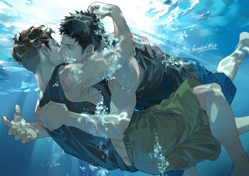 2boys air_bubble barefoot black_shirt brown_hair brown_shorts bubble commentary dappled_sunlight english_commentary foxskin068 hug kiss male_focus midriff_peek mitsui_hisashi miyagi_ryouta multiple_boys shirt short_hair shorts slam_dunk_(series) sunlight undercut underwater yaoi