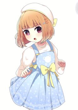 arima_kana beret blonde_hair blue_overalls blue_skirt blush bow hat highres hoshino_aquamarine if_they_mated medium_hair oepn_mouth oshi_no_ko overalls red_eyes risdelusions shirt skirt star-shaped_pupils star_(symbol) symbol-shaped_pupils white_hat white_shirt yellow_bow