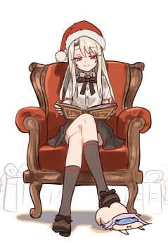 2girls absurdres bad_link black_skirt book bow bowtie breasts brown_shoes brown_socks chair chibi crossed_legs ebora fate/grand_order fate/kaleid_liner_prisma_illya fate_(series) fur-trimmed_headwear fur_trim hat highres illyasviel_von_einzbern kneehighs loafers long_hair looking_at_viewer melusine_(fate) multiple_girls red_eyes red_hat santa_hat shirt shoes short_sleeves sidelocks sitting skirt small_breasts smile socks white_hair white_shirt
