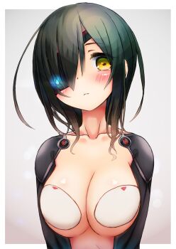 1girl blush breasts brown_hair cleavage commentary_request covered_erect_nipples eyepatch glowing hair_over_one_eye highres hololive kuromaru9 large_breasts looking_at_viewer mechanical_arms metal_eyepatch roboco-san short_hair solo virtual_youtuber yellow_eyes