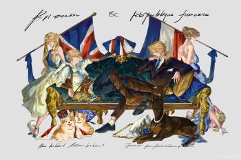 2boys 2girls absurdres axis_powers_hetalia backless_dress backless_outfit bear270901 blonde_hair blue_dress blue_eyes boots braid collared_shirt couch crown dog dress earrings facial_hair formal_clothes france_(female)_(hetalia) france_(hetalia) french_flag goatee_stubble green_eyes grey_background hair_bun hair_ribbon highres holding holding_scepter incredibly_absurdres jacket jewelry long_hair monocle multiple_boys multiple_girls necklace necktie on_couch pants ribbon scepter shirt shoes short_hair single_hair_bun sitting skull smile stubble suit thick_eyebrows twintails union_jack united_kingdom_(female)_(hetalia) united_kingdom_(hetalia) updo white_dress white_shirt