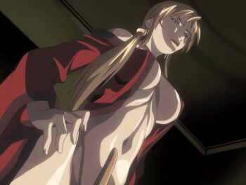 00s 2006 animated animated_gif bible_black bible_black_new_testament breasts brown_hair cloak earrings hand_on_own_hip high_ponytail imari_kurumi jewelry kissing_hand large_breasts lipstick long_hair makeup open_clothes ponytail robe shin_bible_black side_ponytail smirk tagme