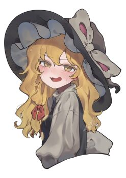 1girl anger_vein back_bow black_hat black_vest blonde_hair blush bow buttons frilled_hat frills from_side furrowed_brow hair_bow hat hat_bow highres kirisame_marisa long_sleeves looking_at_viewer nervous niru_(ka_k_0517) open_mouth red_bow shirt simple_background solo sweat touhou turtleneck upper_body vest wavy_hair white_background white_bow white_shirt witch_hat yellow_eyes
