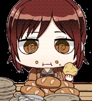 1girl animated animated_gif bread brown_eyes brown_hair eating food lowres potato sasha_blouse shingeki_no_kyojin yuupon