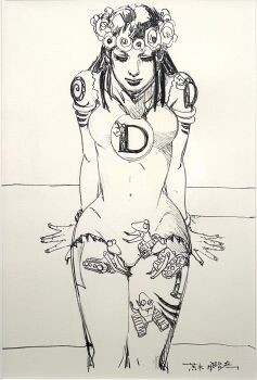 1girl 4others absurdres araki_hirohiko arm_tattoo armlet bare_legs breasts brooch commentary covered_navel dragona_joestar dreadlocks english_commentary flower_wreath greyscale hatching_(texture) head_wreath highres jewelry jojo_no_kimyou_na_bouken jumpsuit looking_down medium_breasts monochrome multiple_others non-humanoid_robot official_art robot second-party_source sitting sketch smooth_operators solo stand_(jojo) tattoo the_jojolands torn_clothes traditional_media