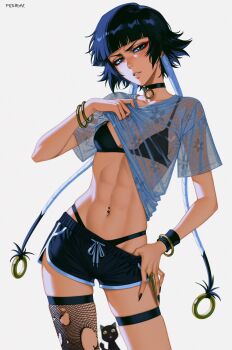 Rule 34 | 1girl, abs, ai-assisted, artist name, black cat, black choker, bleach, blue eyes, blunt bangs, blush, bra visible through clothes, bracelet, breasts, cat, choker, clothes lift, clothes pull, collarbone, contrapposto, cowboy shot, dolphin shorts, earrings, eyeshadow, film grain, fishnet thighhighs, fishnets, floral print, floral print shirt, gold bracelet, half-closed eyes, highres, jewelry, looking at viewer, makeup, navel, navel piercing, o-ring, o-ring choker, panty straps, parted lips, piercing, prixmal, red eyeshadow, see-through clothes, see-through shirt, shihouin yoruichi (cat), shirt, shirt lift, short hair, short hair with long locks, shorts, shorts pull, sidelighting, simple background, single thighhigh, small breasts, solo, standing, sui-feng, suzumebachi (shikai), thigh strap, thighhighs, toned, toned female, torn clothes, torn thighhighs, underwear, white background