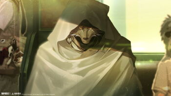 1boy 2others abisi_(xinyue_tongxing) absurdres black_fur blurry blurry_background copyright_name copyright_notice furry furry_male grey_robe highres hood hood_up logo looking_at_viewer male_focus multiple_others official_art official_wallpaper people robe solo_focus subway train_interior upper_body wolf_boy xinyue_tongxing yellow_eyes