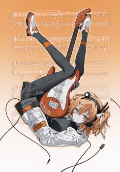 1girl a.i._voice adachi_rei black_pantyhose black_shirt black_shorts cable character_name closed_mouth commentary_request full_body gloves hair_ribbon hand_in_pocket headphones highres instrument jacket kaukrtya0915 legs_up medium_hair one_side_up orange_eyes orange_hair orange_theme pantyhose radio_antenna ribbon sheet_music shirt shoes shorts sneakers solo turtleneck turtleneck_shirt utau white_gloves white_jacket white_ribbon white_shoes