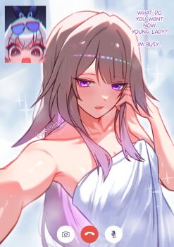 2girls absurdres alternate_costume blush brown_hair collarbone commentary english_commentary english_text eyewear_on_head fake_phone_screenshot fake_screenshot full-face_blush grey_eyes grey_hair hand_in_own_hair hand_up herta_(honkai:_star_rail) highres honkai:_star_rail honkai_(series) long_hair looking_at_viewer multiple_girls naked_towel open_mouth purple-tinted_eyewear purple_eyes reaching reaching_towards_viewer reiness_(ureiness) silver_wolf_(honkai:_star_rail) solo_focus surprised the_herta_(honkai:_star_rail) tinted_eyewear towel twitter_username