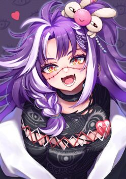 1girl ahoge black_choker black_shirt braid breasts choker cleavage eye_print fang hair_over_shoulder heart highres jared_(michi_mochievee) long_hair looking_at_viewer medium_breasts michi_mochievee michi_mochievee_(1st_costume) multicolored_hair open_mouth purple_hair rabio_(labi555) shirt skin_fang stitched_face stitches streaked_hair virtual_youtuber vshojo white_hair