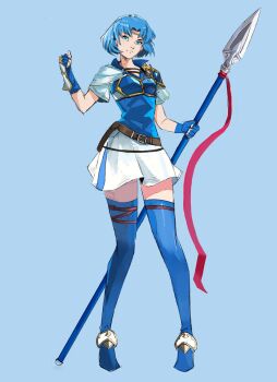 1girl armor blue_armor blue_gloves blue_hair breastplate commentary english_commentary fingerless_gloves fire_emblem fire_emblem:_the_binding_blade gloves grey_headband headband highres nintendo polearm rod_langhi shoulder_armor solo spear thea_(fire_emblem) thighs weapon