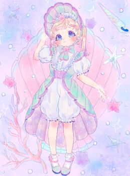1girl air_bubble aqua_dress aqua_shoes arm_up blonde_hair bloomers blue_bloomers blue_eyes bubble clam closed_mouth dress frilled_dress frills full_body highres looking_at_viewer okubatomaeba original puffy_short_sleeves puffy_sleeves purple_background shoes short_hair short_sleeves smile socks solo starfish tareme underwear white_socks