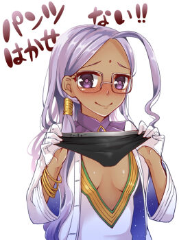 10s 1girl ahoge bindi blush breasts cleavage clothes_writing dark-skinned_female dark_skin fate/extra fate/extra_ccc fate_(series) female_focus glasses gloves holding holding_panties holding_underwear holding_unworn_clothes panties purple_eyes purple_hair rani_viii simple_background small_breasts solo underwear v-neck wankoba