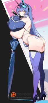 1girl ass azur_lane bare_shoulders black_gloves blue_eyes blue_hair blue_panties blue_shrug blue_thighhighs breast_rest breasts closed_mouth commentary_request confetti detached_sleeves eyewear_on_head fingerless_gloves from_side gloves high_heels highres huge_breasts leaning_forward long_hair new_jersey_(azur_lane) new_jersey_(black_blur_prelude)_(azur_lane) one_eye_closed panties patreon_username race_queen shrug_(clothing) sideboob solo standing thighhighs umbrella underwear very_long_hair yanje