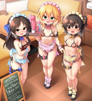 3girls akagi_miria anal anal_beads anal_object_insertion apron blonde_hair blush bobby_socks booth_seating bra breasts brown_eyes brown_hair butt_plug cleft_of_venus crotchless crotchless_panties cupless_bra egg_vibrator female_focus frilled_thigh_strap frills full_body green_eyes highres idolmaster idolmaster_cinderella_girls loli long_hair looking_at_viewer lube maid maid_headdress mary_janes multiple_girls musouzuki name_tag navel nippleless_clothes nipples object_insertion open_mouth panties pussy pussy_juice restaurant revealing_clothes sakurai_momoka sex_toy shoes short_hair sign small_breasts smile socks standing tachibana_arisu thigh_gap thigh_strap tray two_side_up uncensored underwear vaginal vaginal_object_insertion vibrator waist_apron waitress wrist_cuffs