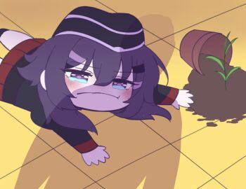 1girl apu_spills_his_tendies_(meme) black_jacket blue_archive bsm_(nerdmin) chibi closed_mouth crying haruka_(blue_archive) jacket looking_at_viewer meme plant potted_plant purple_eyes purple_hair red_skirt shadow skirt spilling vase