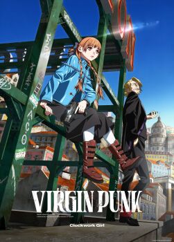 1boy 1girl absurdres black_dress black_jacket black_pants black_shoes black_skirt blonde_hair blue_jacket blue_sky boots braid copyright_name dress english_text full_body gun highres holding holding_gun holding_weapon jacket key_visual mr._elegance_(virgin_punk) official_art orange_eyes orange_hair pants pantyhose promotional_art shoes sitting skirt sky twin_braids ubu_(virgin_punk) umetsu_yasuomi virgin_punk weapon white_pantyhose