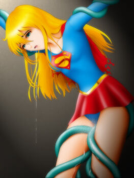 1girl arms_up bdsm blonde_hair blue_eyes breasts cape dc_comics empty_eyes female_focus highres humiliation imminent_rape long_hair rape restrained saliva sexual_objectification slave small_breasts solo source_request supergirl tears tentacles torn_clothes torture