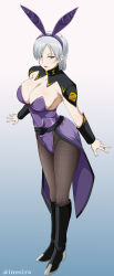 Rule 34 | 1girl, animal ears, artist name, black boots, blue background, blue eyes, boots, breasts, brown pantyhose, cleavage, collarbone, commentary request, ezalia joule, fake animal ears, full body, gradient background, grey hair, gundam, gundam seed, gundam seed freedom, hairband, highres, inoshira, knee boots, large breasts, leotard, pantyhose, playboy bunny, purple hairband, purple leotard, rabbit ears, short hair, solo, standing, watermark, white background
