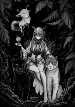 1girl :d animal antlers apple baloolax bird black_panther bow bowtie braid braided_bangs branch breasts bridal_gauntlets brooch ceres_fauna cleavage crossed_legs deer dress flower food framed_breasts fruit greyscale hair_between_eyes hand_up haunting highres hololive hololive_english horns jewelry large_breasts long_hair long_sleeves looking_at_viewer monochrome nature open_mouth panther rose single_braid sitting smile solo upper_body virtual_youtuber white_dress white_eyes white_hair wide_sleeves