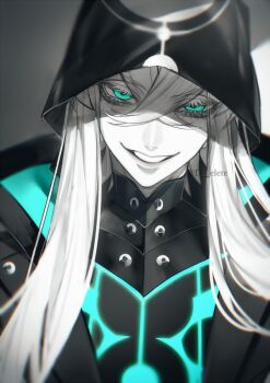 1boy asclepius_(fate) asclepius_(first_ascension)_(fate) au_(d_elete) crossed_bangs eyelashes fate/grand_order fate_(series) green_eyes greyscale hood long_hair looking_at_viewer male_focus monochrome parted_lips solo spot_color twitter_username upper_body very_long_hair