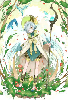 1boy 81kaia :o animal_feet arm_at_side baggy_shorts barefoot bird blue_bird blue_gem blue_wings bow bowtie bracelet brown_shorts clothing_request fantasy feathered_wings flower foliage full_body gem gold_bracelet grass green_hat grey_hair hair_over_one_eye hat headwear_request highres holding holding_staff jewelry knees leg_warmers looking_at_viewer low_wings mage_staff male_focus nature on_grass one_eye_covered original parted_lips pixiv_fantasia pixiv_fantasia_fallen_kings red_flower robe shorts sidelocks solo staff standing straight-on striped_clothes striped_shorts vertical-striped_clothes vertical-striped_shorts white_robe wide_sleeves wings yellow_bow yellow_bowtie yellow_eyes