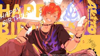 1boy black_shirt blonde_hair blue_fire bracelet character_name commentary_request company_name copyright_notice earrings fire flame_print grey_pants grin guest_art hair_between_eyes happy_birthday highres jewelry katagiri_ikumi looking_at_viewer male_focus multicolored_hair multiple_bracelets multiple_rings necklace official_alternate_costume official_art orange_eyes orange_hair pants project_sekai rekindle_the_flame_(project_sekai) ring second-party_source shinonome_akito shirt signature smile solo spiked_bracelet spikes streaked_hair teeth torn_clothes torn_pants two-tone_hair