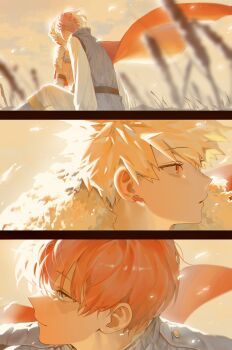 2boys bakugou_katsuki bead_necklace beads belt black_belt blonde_hair blue_eyes blue_tunic blurry blurry_foreground boku_no_hero_academia cape commentary_request earrings fur-trimmed_cape fur_trim hair_between_eyes highres jewelry kiss korean_commentary light_smile looking_at_another male_focus multicolored_hair multiple_boys necklace official_alternate_costume outdoors pants red_cape red_eyes red_hair scar scar_across_eye scar_on_face shirt short_hair sitting spiked_hair todoroki_shoto tooth_earrings tunic two-tone_hair undodo_0 white_hair white_pants white_shirt yaoi