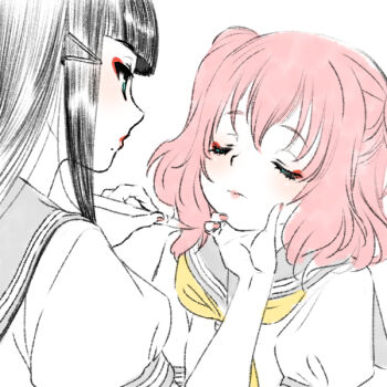 2girls applying_another's_makeup applying_makeup aqua_eyes black_hair blunt_bangs closed_eyes closed_mouth commentary_request grabbing_another's_chin grey_sailor_collar hand_on_another's_chin holding holding_brush holding_makeup_brush kurosawa_dia kurosawa_ruby lips looking_at_another love_live! love_live!_sunshine!! makeup_brush multiple_girls neckerchief puffy_short_sleeves puffy_sleeves red_hair sailor_collar school_uniform serafuku shinanoya_(satanicad) short_sleeves siblings sisters two_side_up u_u uranohoshi_school_uniform yellow_neckerchief