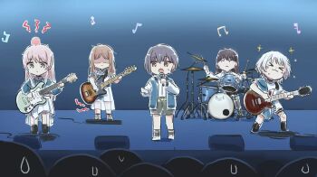 5girls :3 bang_dream! bang_dream!_it&#039;s_mygo!!!!! bite_mark_on_leg black_hair blue_jacket brown_hair chihaya_anon closed_eyes closed_mouth bass_guitar electric_guitar grey_hair grey_skirt guitar hair_between_eyes highres injury instrument jacket kaname_raana long_hair long_sleeves lyy mole mole_under_eye multiple_girls music musical_note mygo!!!!!_(bang_dream!) nagasaki_soyo open_clothes open_jacket open_mouth pink_hair playing_instrument shiina_taki shirt short_hair short_sleeves singing skirt sweatdrop takamatsu_tomori white_hair white_shirt
