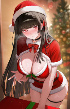 1girl absurdres alternate_costume black_choker black_hair blurry blurry_background blush bow bowtie bra breasts capelet chisa_(wuthering_waves) choker christmas_tree cleavage commentary fur-trimmed_bra fur-trimmed_skirt fur_trim hat highres indoors kuraha2877 large_breasts leaning_forward long_hair looking_at_viewer mole mole_under_eye navel paid_reward_available parted_lips red_bow red_bowtie red_bra red_capelet red_eyes red_skirt santa_hat skirt solo thigh_strap thighs underwear very_long_hair wuthering_waves
