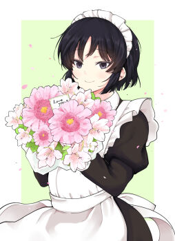 Rule 34 | 1girl, apron, black dress, black eyes, black hair, border, bouquet, closed mouth, cowboy shot, dress, falling petals, flower, frilled apron, frills, green background, hashtag-only commentary, highres, holding, holding bouquet, juliet sleeves, kujou meika, long sleeves, maid, maid day, maid headdress, meika-san wa oshikorosenai, outside border, petals, pink flower, pink petals, puffy sleeves, saitou shouki, short hair, smile, solo, white apron, white border