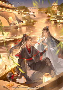 2boys aa820733 absurdres ahoge alcohol architecture bird black_hair black_hanfu black_rabbit_(animal) blue_sash blurry blurry_foreground boat bridge brown_hair building chinese_clothes choko_(cup) closed_mouth copyright_name couple cup east_asian_architecture floating_hair food grey_eyes hair_ribbon hanfu headband high_ponytail highres holding holding_cup holding_food jug_(bottle) knee_up lan_wangji lantern lantern_festival lantern_on_liquid leaf light_particles liquor long_hair long_sleeves looking_at_another male_focus modao_zushi multiple_boys night official_art on_boat outdoors paper_lantern ponytail rabbit red_ribbon red_sash ribbon robe sash sidelocks sitting sky_lantern smile topknot very_long_hair water watercraft watermark wei_wuxian weibo_watermark white_hanfu white_headband white_rabbit_(animal) wide_sleeves xiao_guan_(headdress) yaoi yellow_eyes