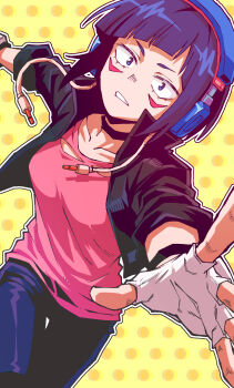 Rule 34 | 1girl, absurdres, audio jack, black jacket, black pants, blue hair, boku no hero academia, commentary request, facial mark, fingerless gloves, gloves, headphones, highres, jacket, jiro kyoka, kawaii voice, long earlobes, looking at viewer, pants, parted lips, pink shirt, shirt, short hair, solo, torn clothes, torn shirt, white gloves