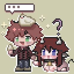 Rule 34 | 1boy, 1girl, ?, alex (degrees of lewdity), all fours, animal ears, bell, blue eyes, collar, cow ears, cow girl, cow tail, degrees of lewdity, green eyes, pixel art, player character (degrees of lewdity), red hair, standing, tail